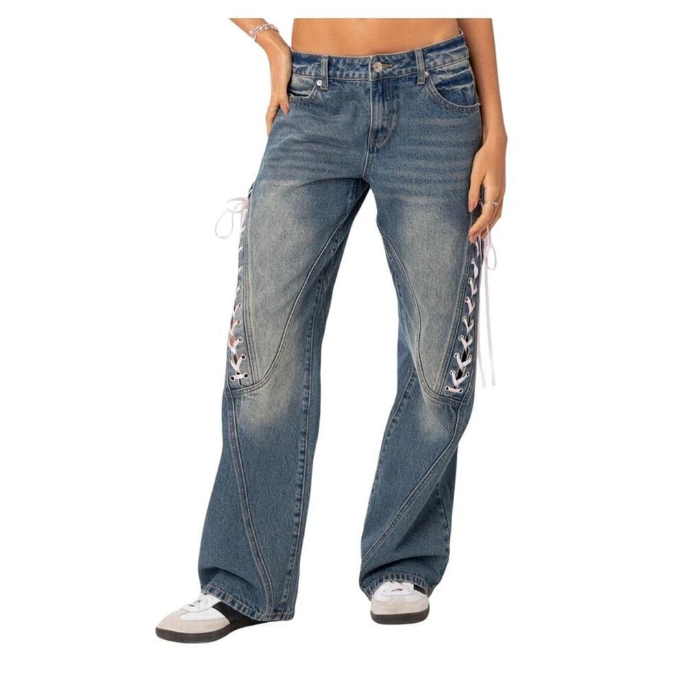 Ribbon Lace-Up Jeans NWT 9/29 Wide Leg Low Rise 100% Cotton